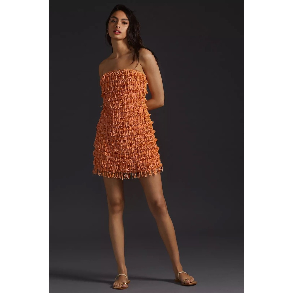 Anthropologie Let Me Be Fringe Tube Mini Dress Small Orange Boho Festival NWT